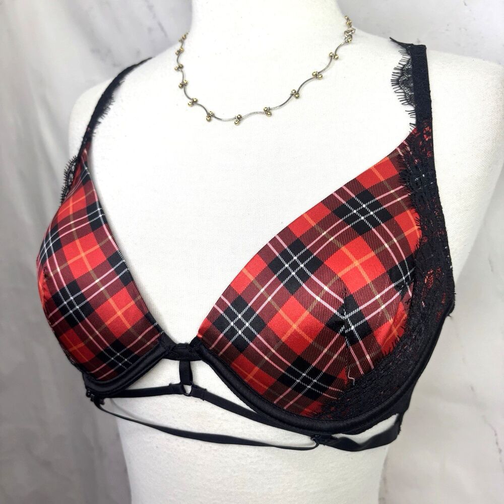 Victoria Secrets Plaid Bra Lace Bra 34C Sexy Holiday Lingerie Plunge Wired Red